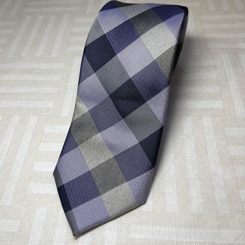 Broletto Necktie Purple Gray Plaid Pattern Silk Neck Tie